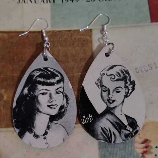 Vintage 1940s Magazine Ad Earrings – Illustrated Portraits of Retro Glam & Style